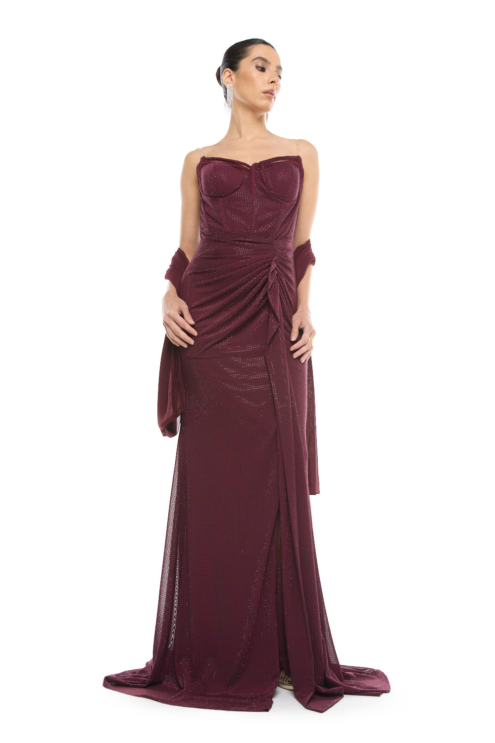 Strapless Draped Slit Gown