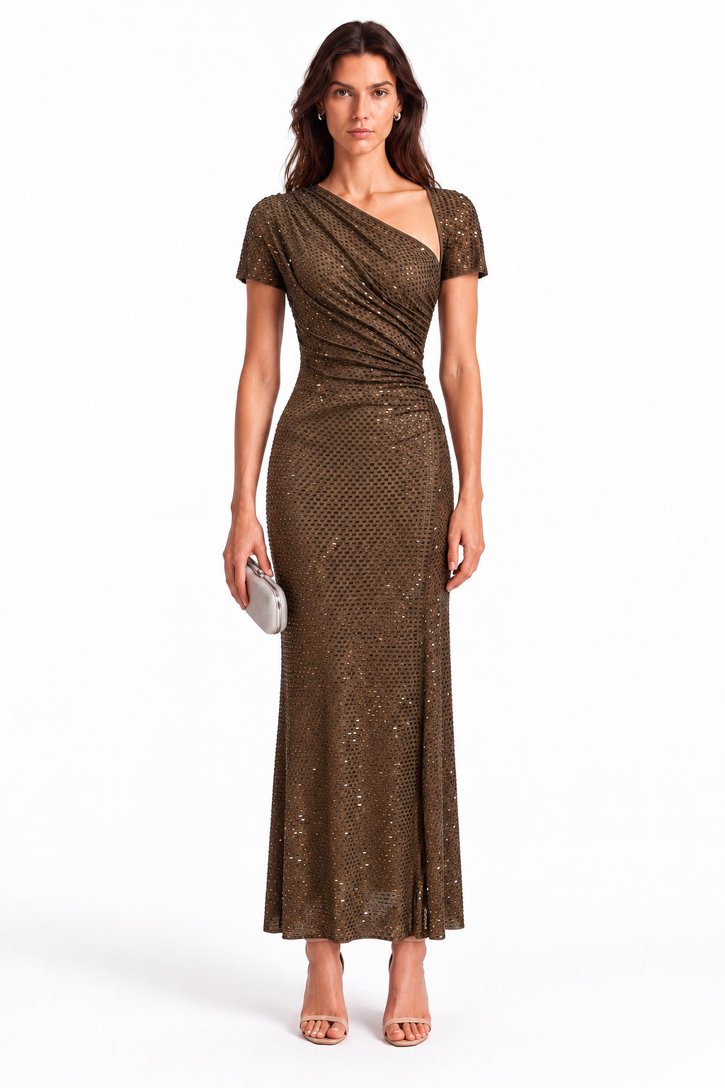 "Lina" Asymmetric Neck Rhinestone Mesh Dress