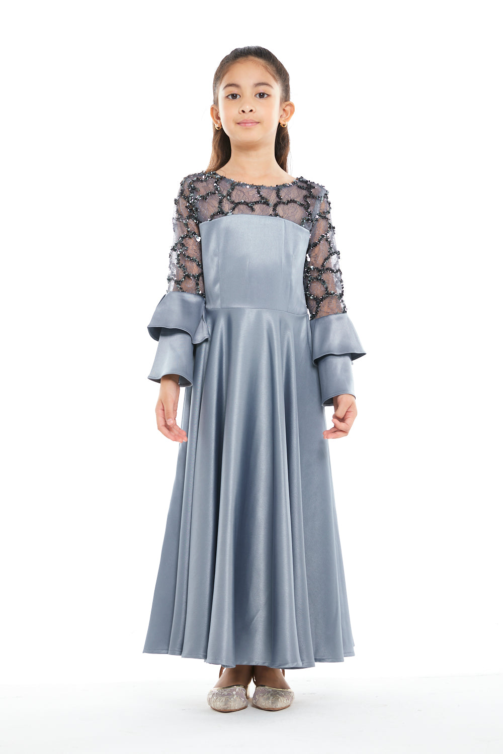Beaded Lace Bell Sleeve Gown
