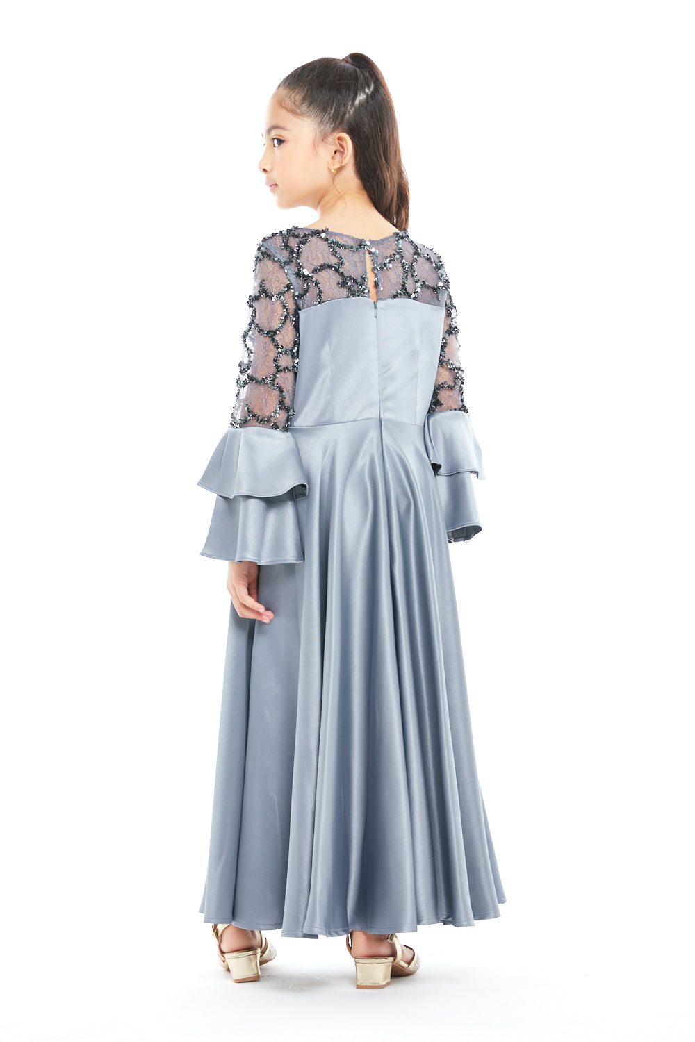 Beaded Lace Bell Sleeve Gown