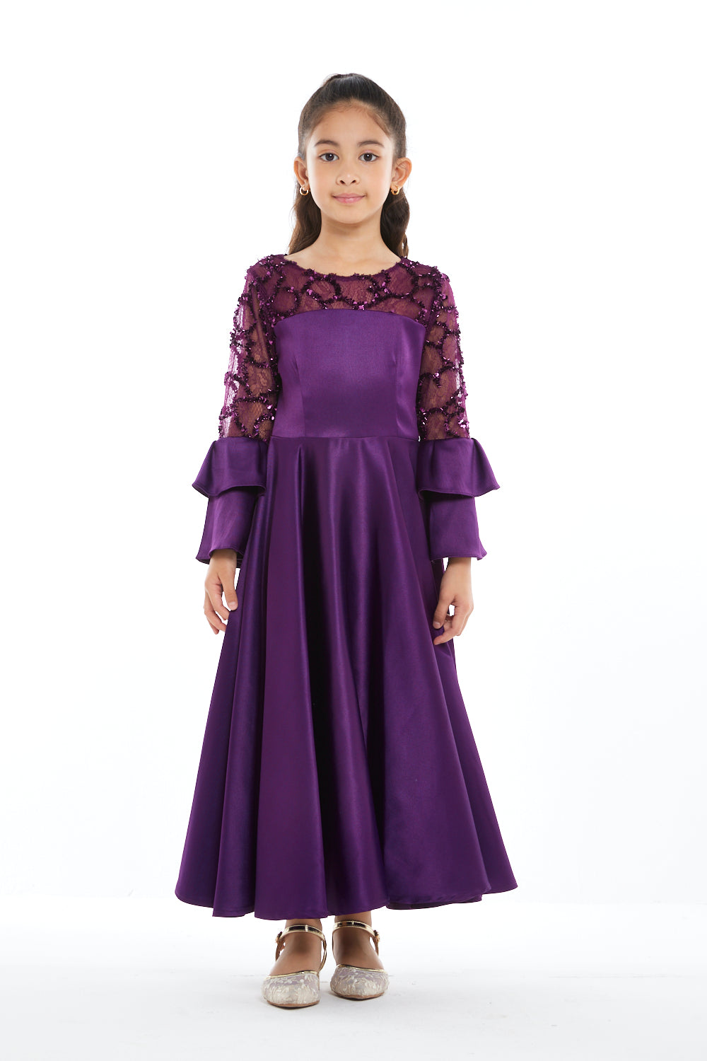 Beaded Lace Bell Sleeve Gown