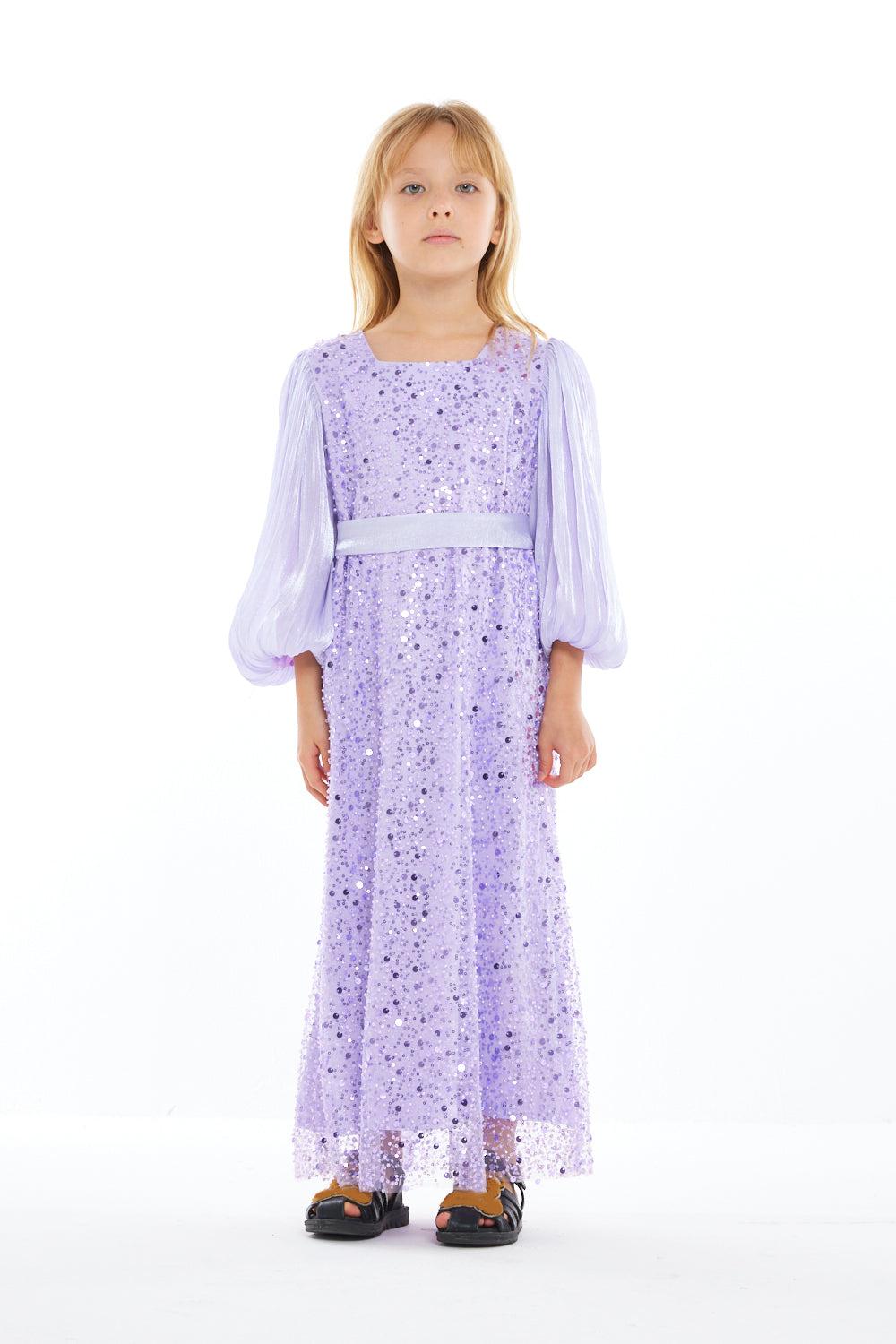 Sequin Panel Puff Sleeve Dress