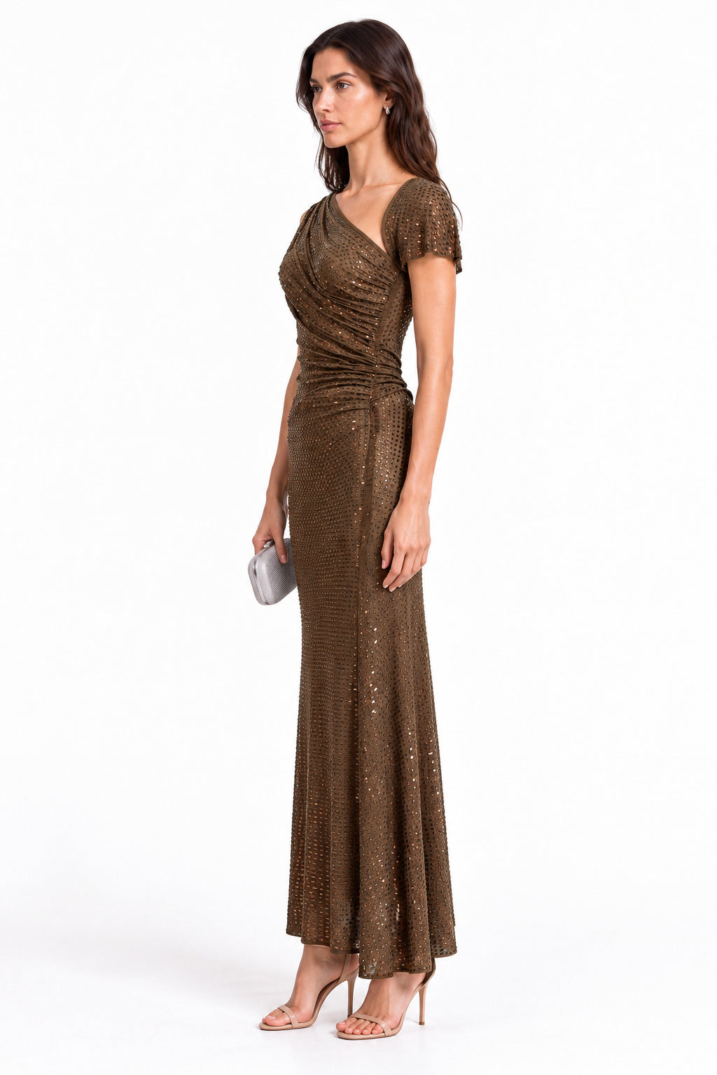 "Lina" Asymmetric Neck Rhinestone Mesh Dress