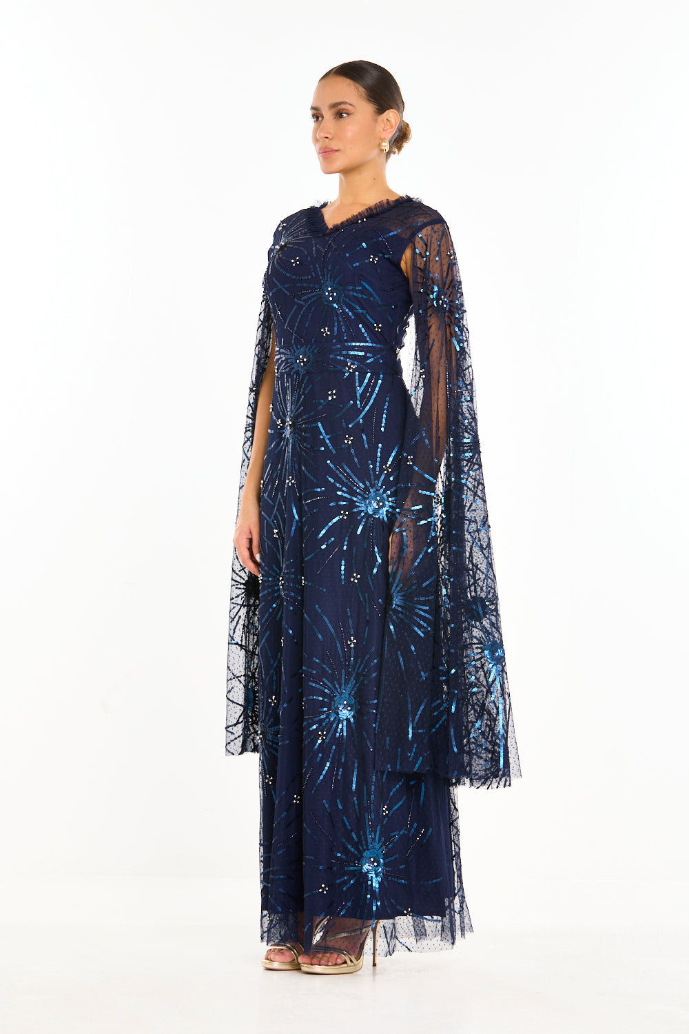 Starburst Embellished Cape Sleeve Gown