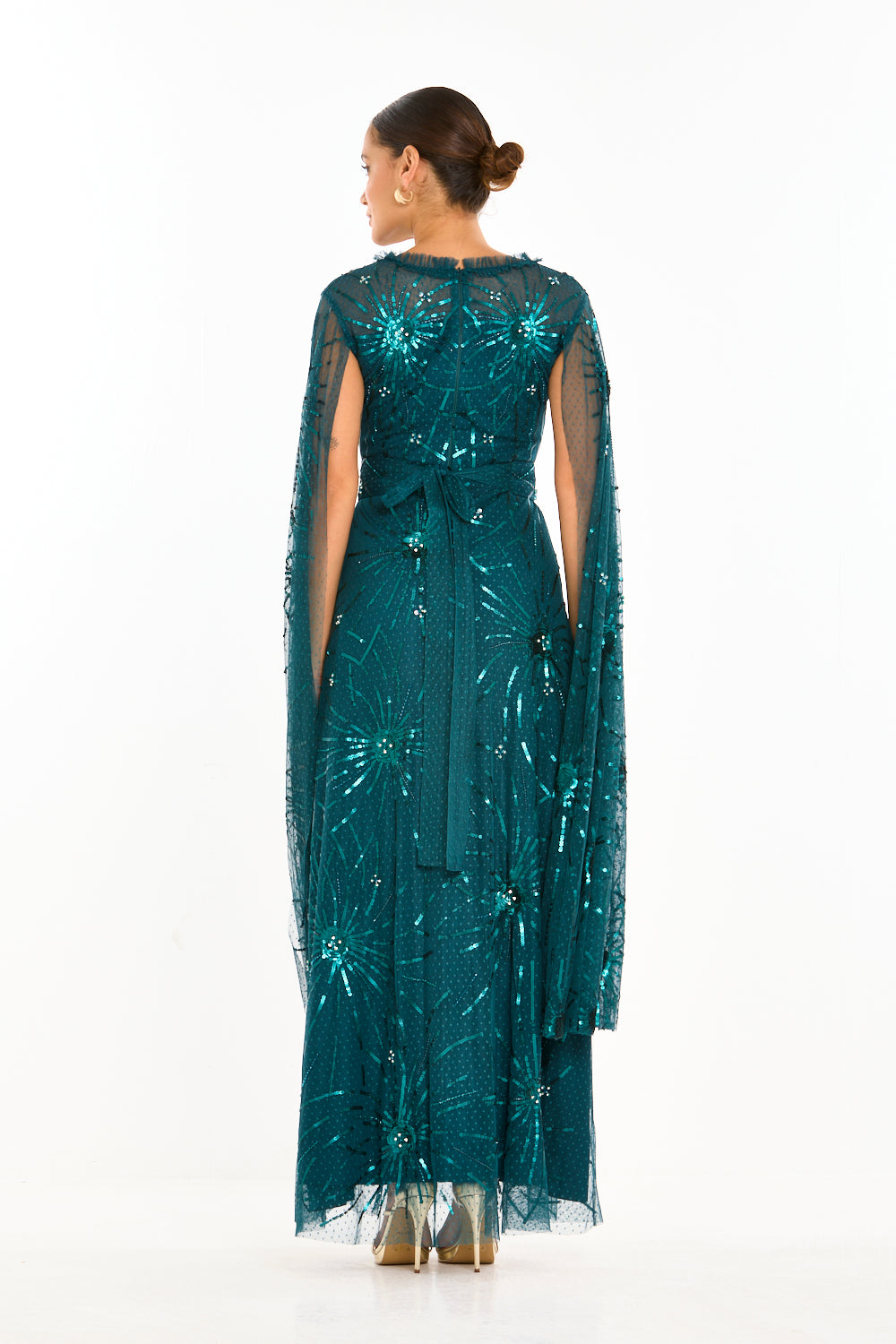 Starburst Embellished Cape Sleeve Gown