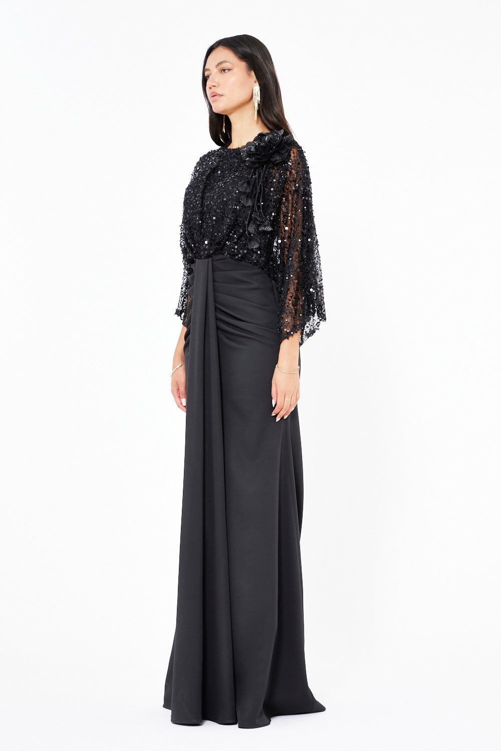 Floral Applique Sequin Draped Panel Gown