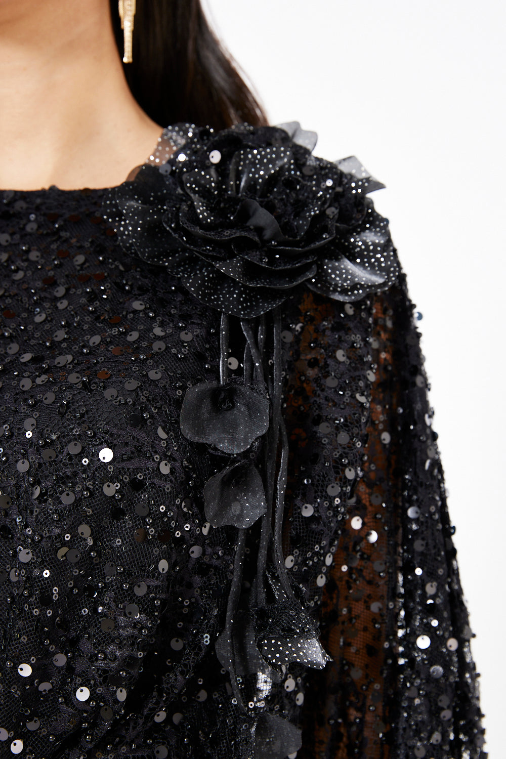 Floral Applique Sequin Draped Panel Gown