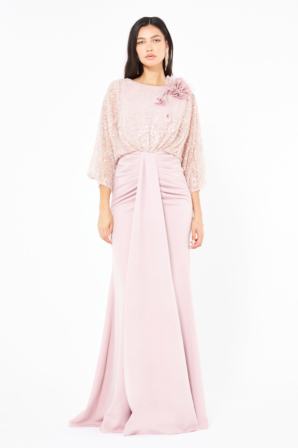 Floral Applique Sequin Draped Panel Gown