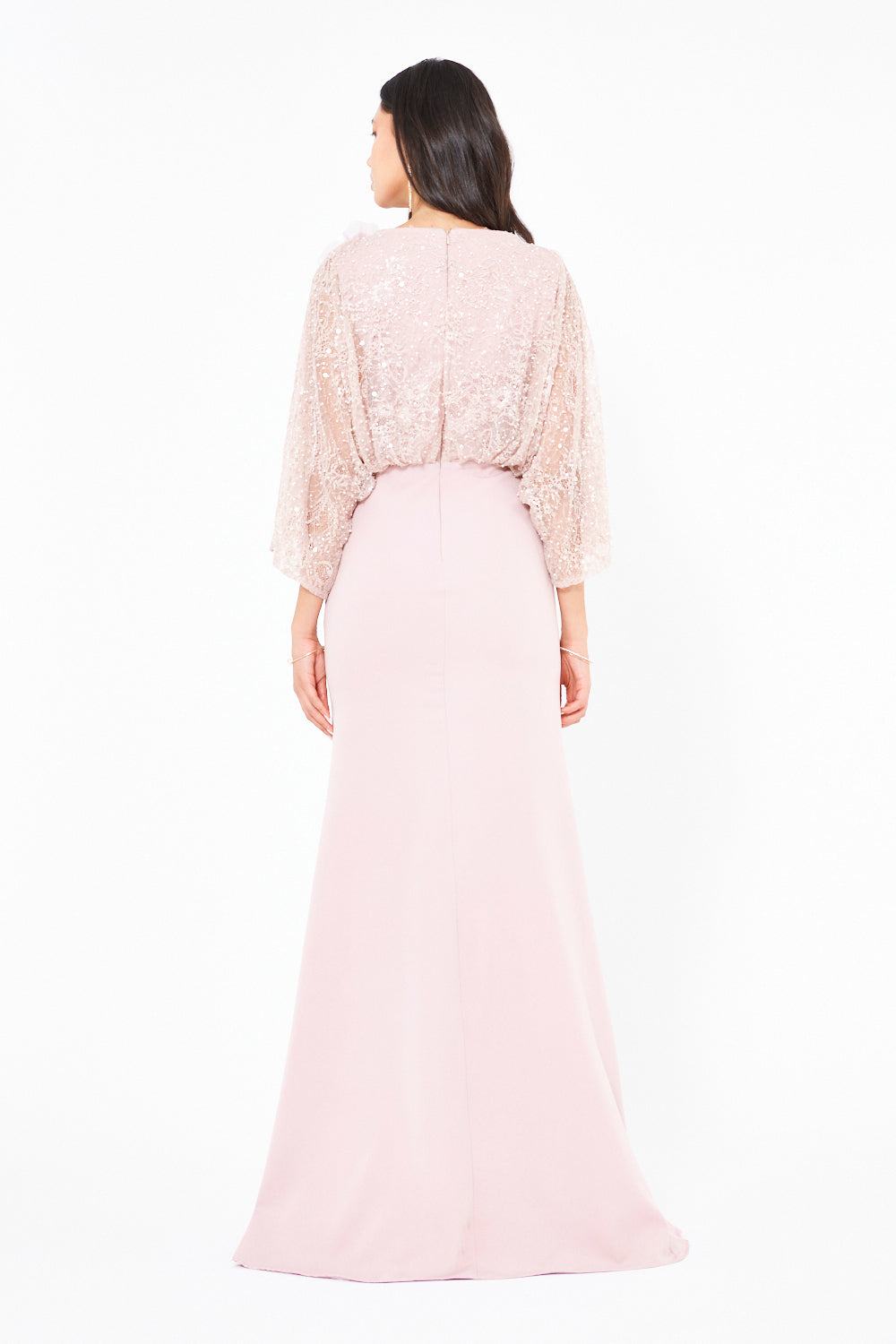 Floral Applique Sequin Draped Panel Gown