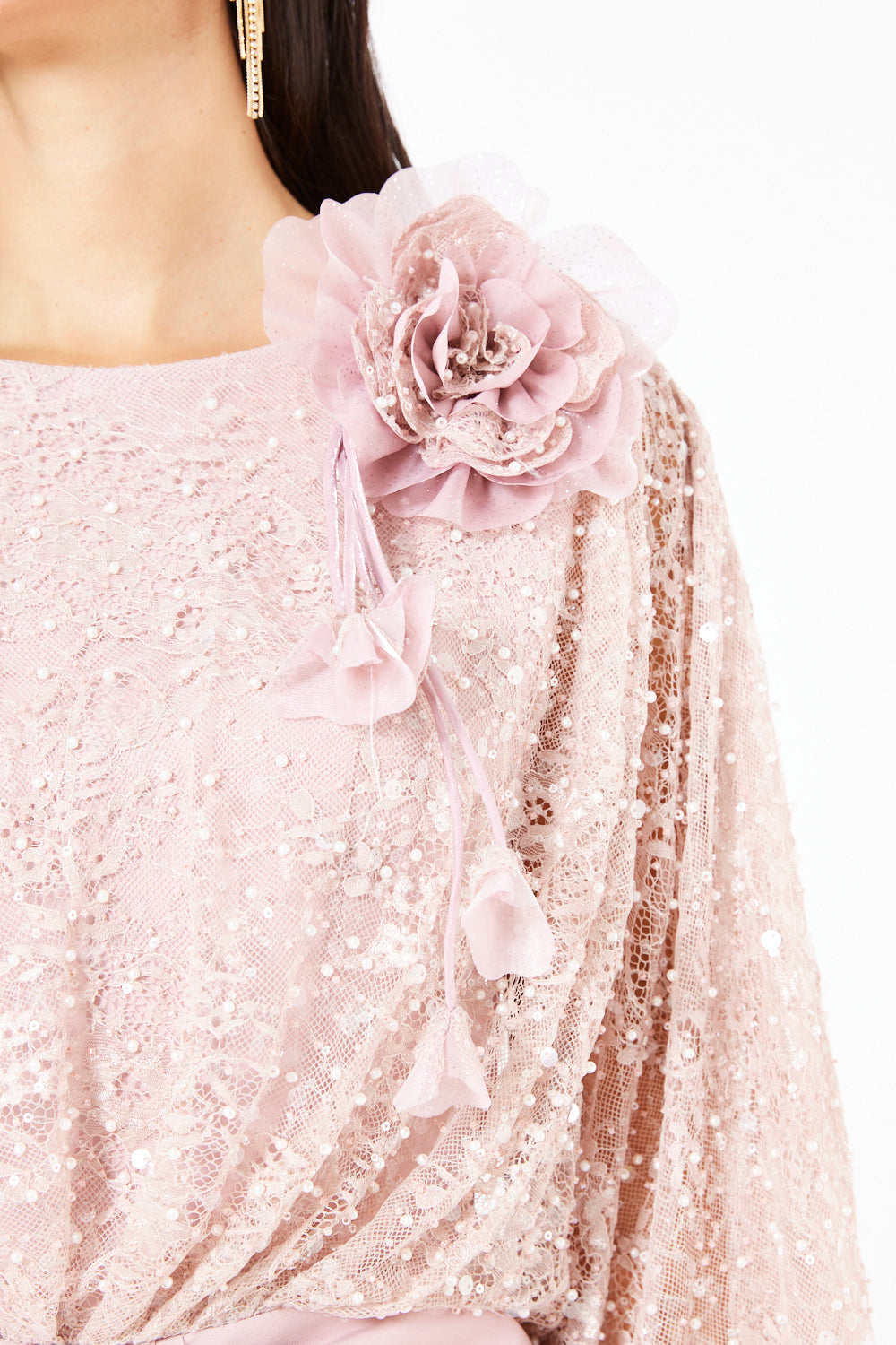 Floral Applique Sequin Draped Panel Gown