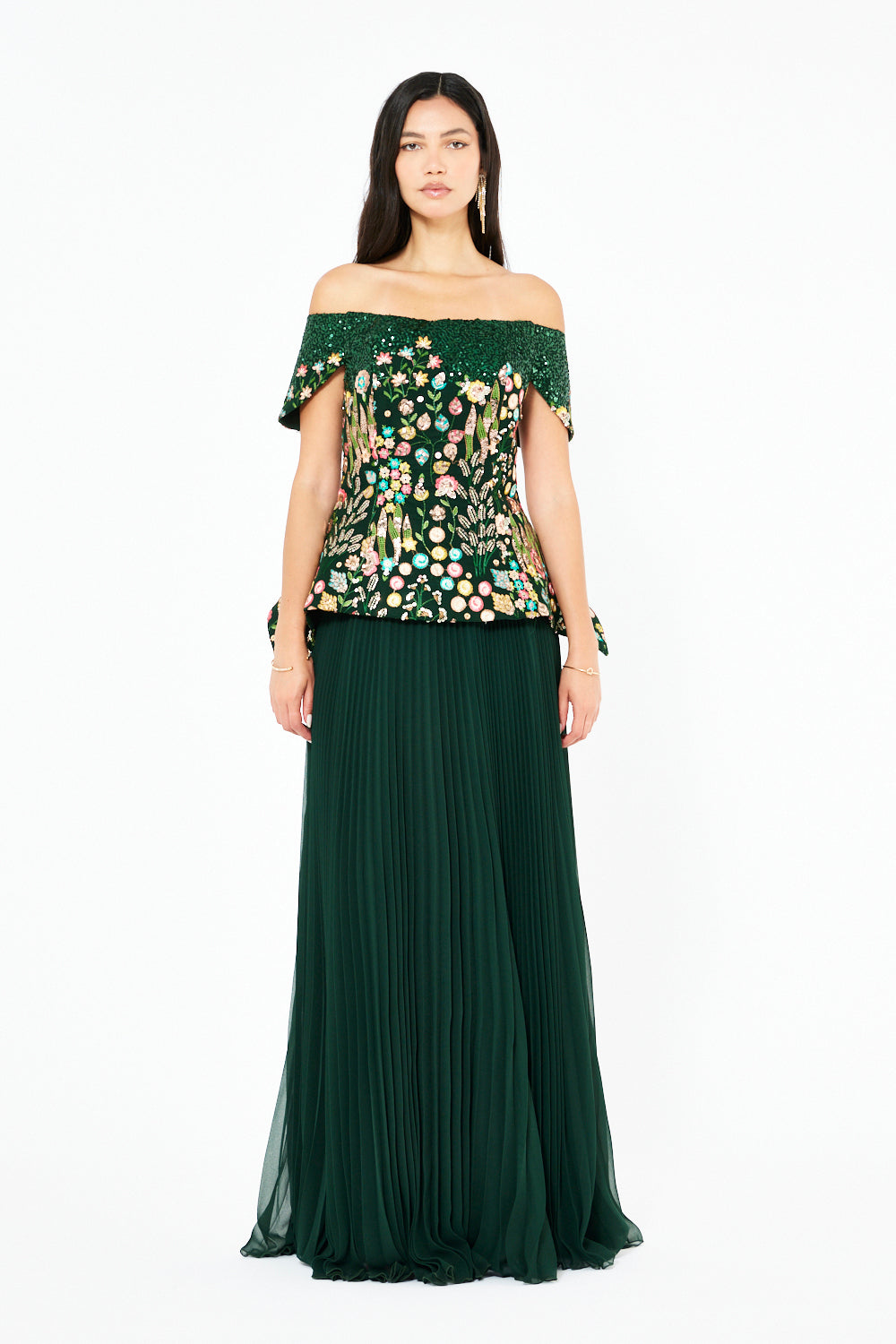 Embroidered Peplum Pleated Gown