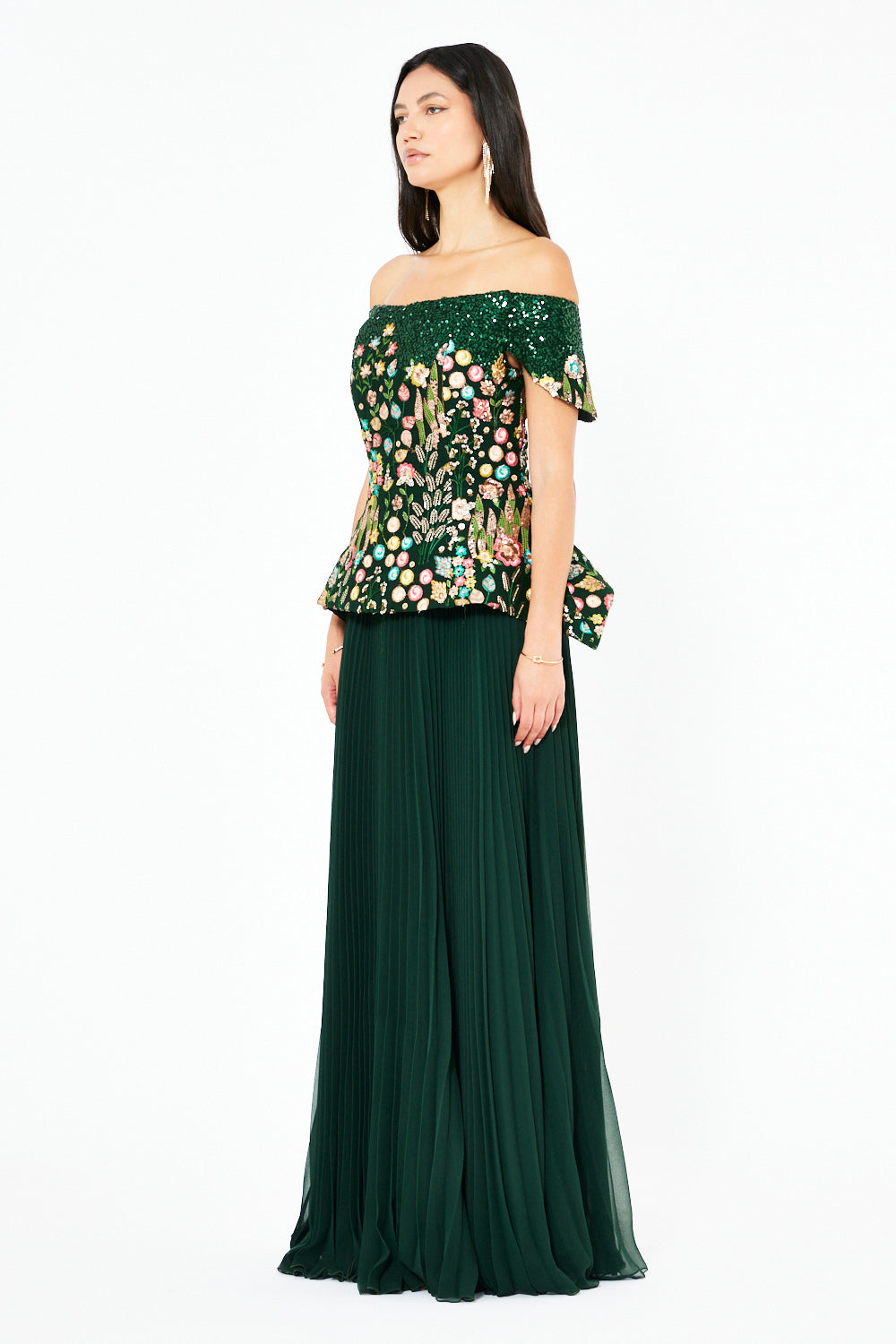 Embroidered Peplum Pleated Gown
