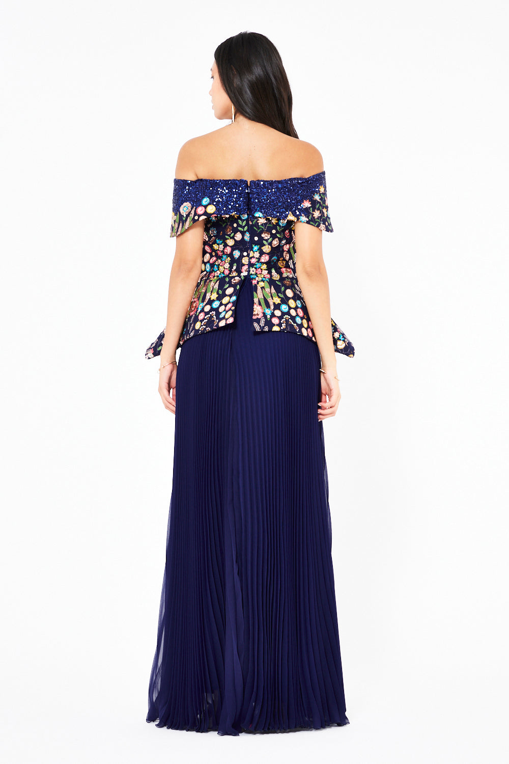 Embroidered Peplum Pleated Gown