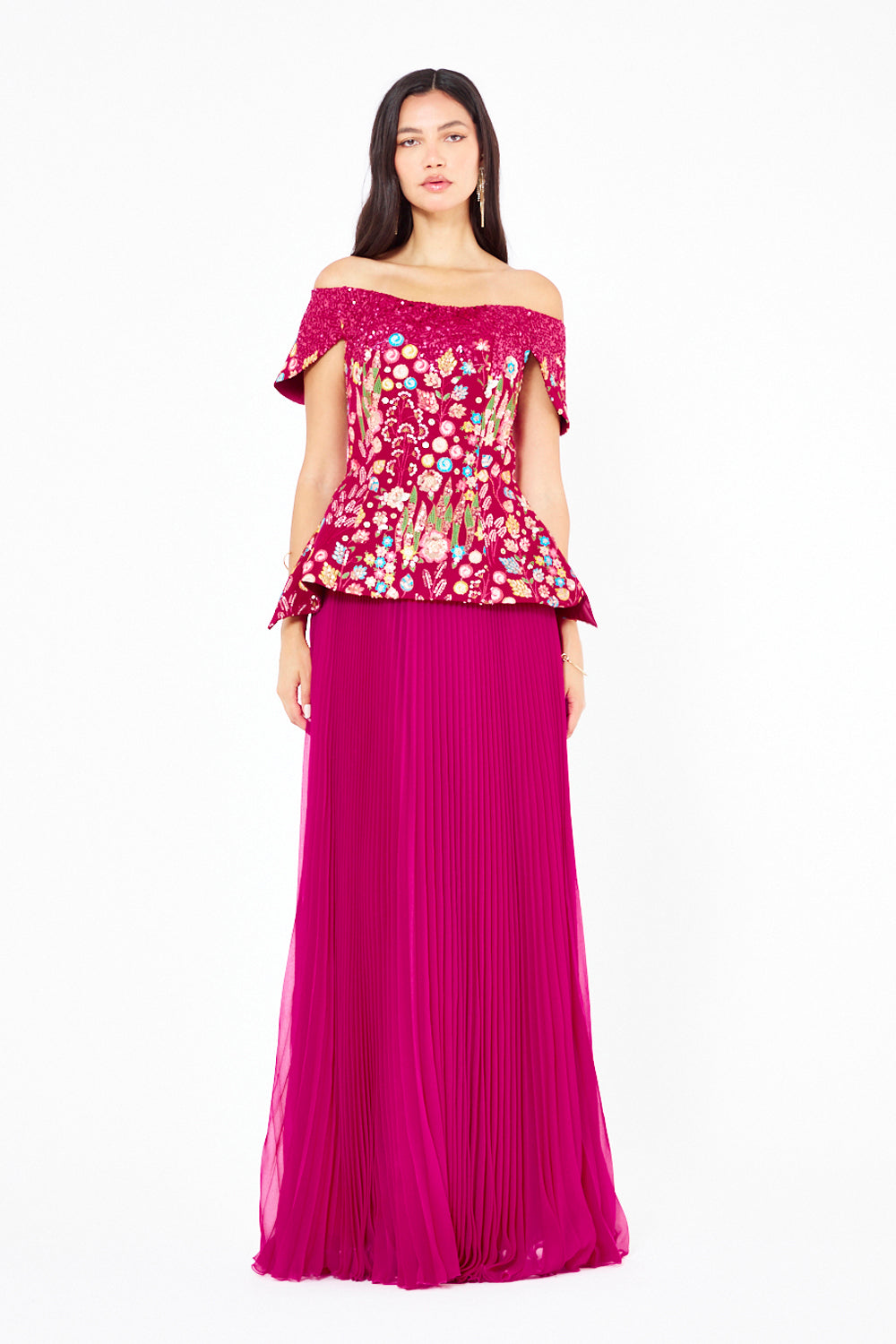 Embroidered Peplum Pleated Gown