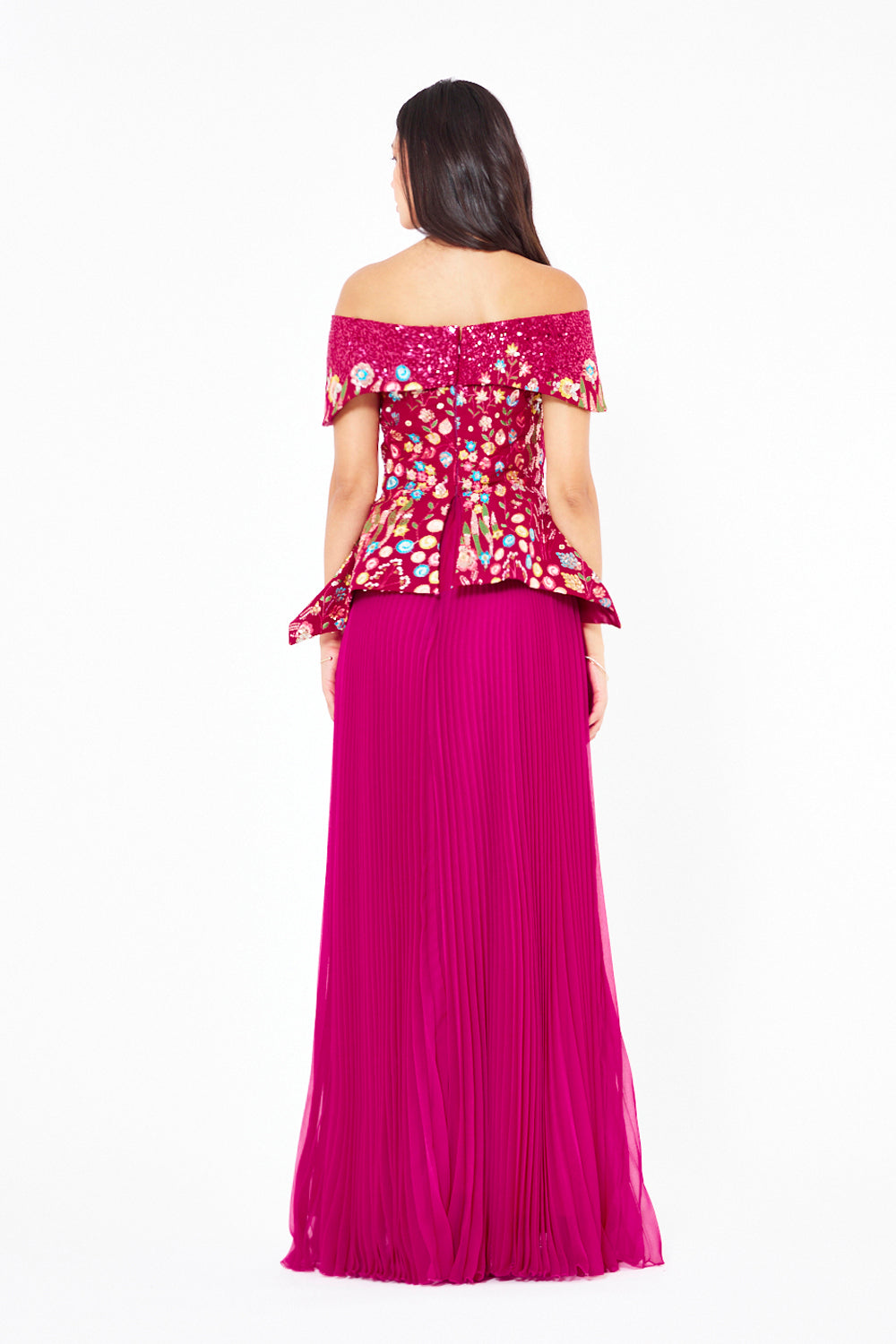 Embroidered Peplum Pleated Gown