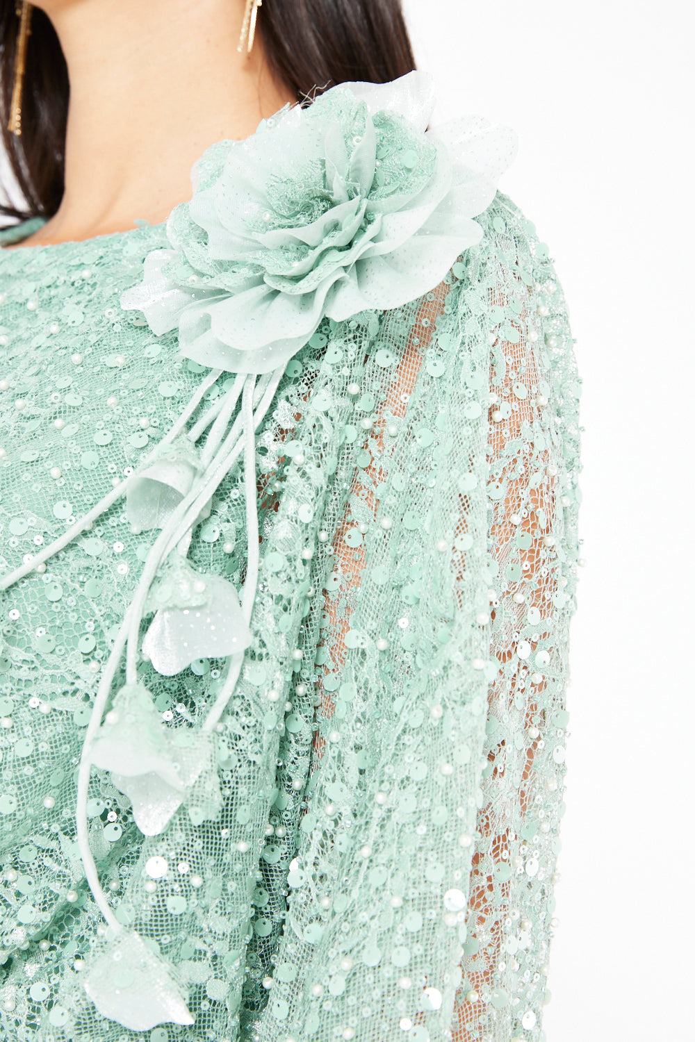 Floral Applique Sequin Draped Panel Gown