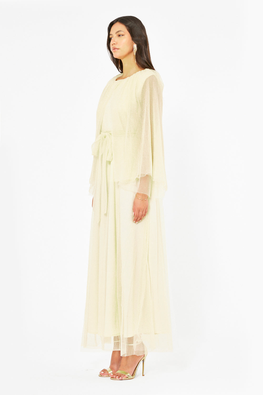 Sheer Cape Belted Gown