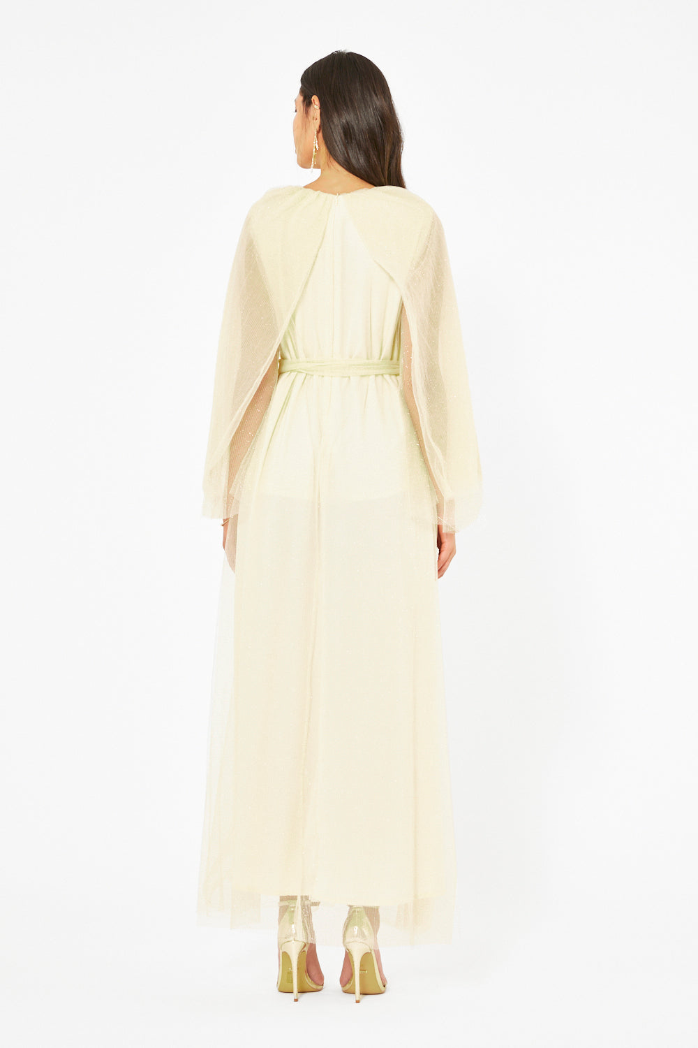 Sheer Cape Belted Gown