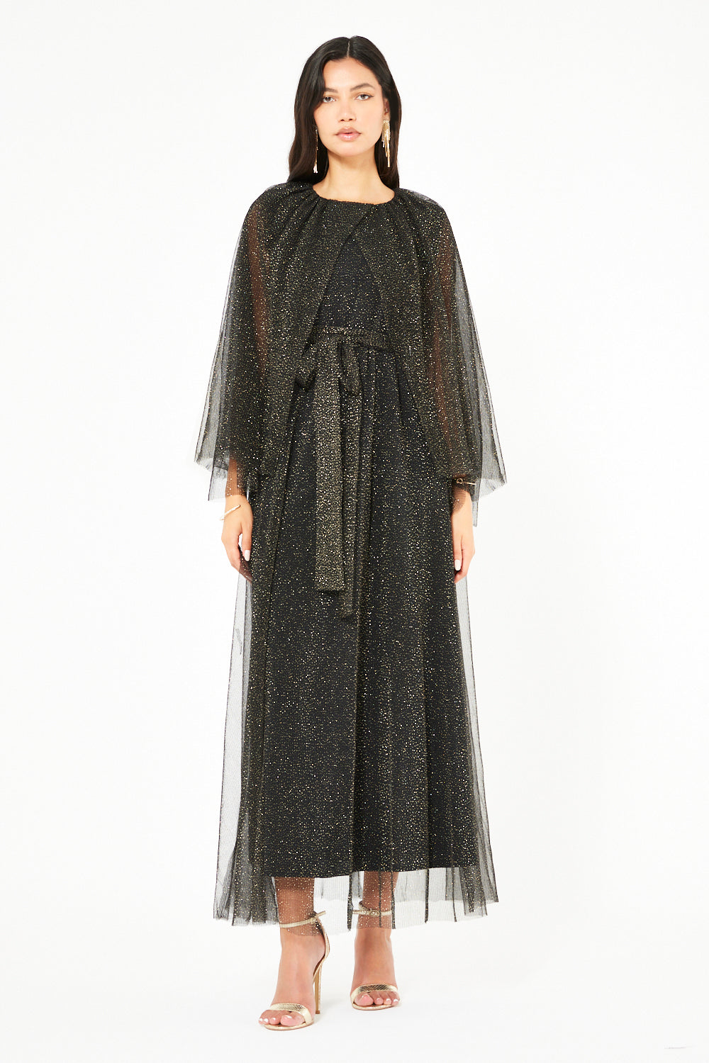 Sheer Cape Belted Gown