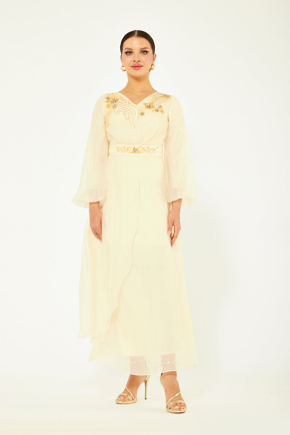 Embellished V-Neck Maxi Dress with Sheer Bell Sleeves