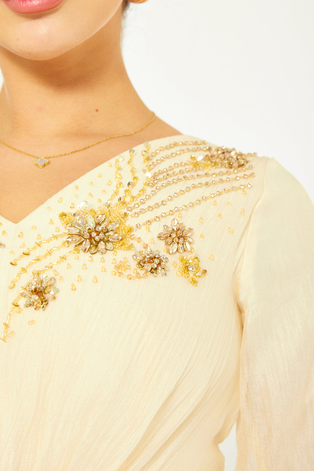 Embellished V-Neck Maxi Dress with Sheer Bell Sleeves