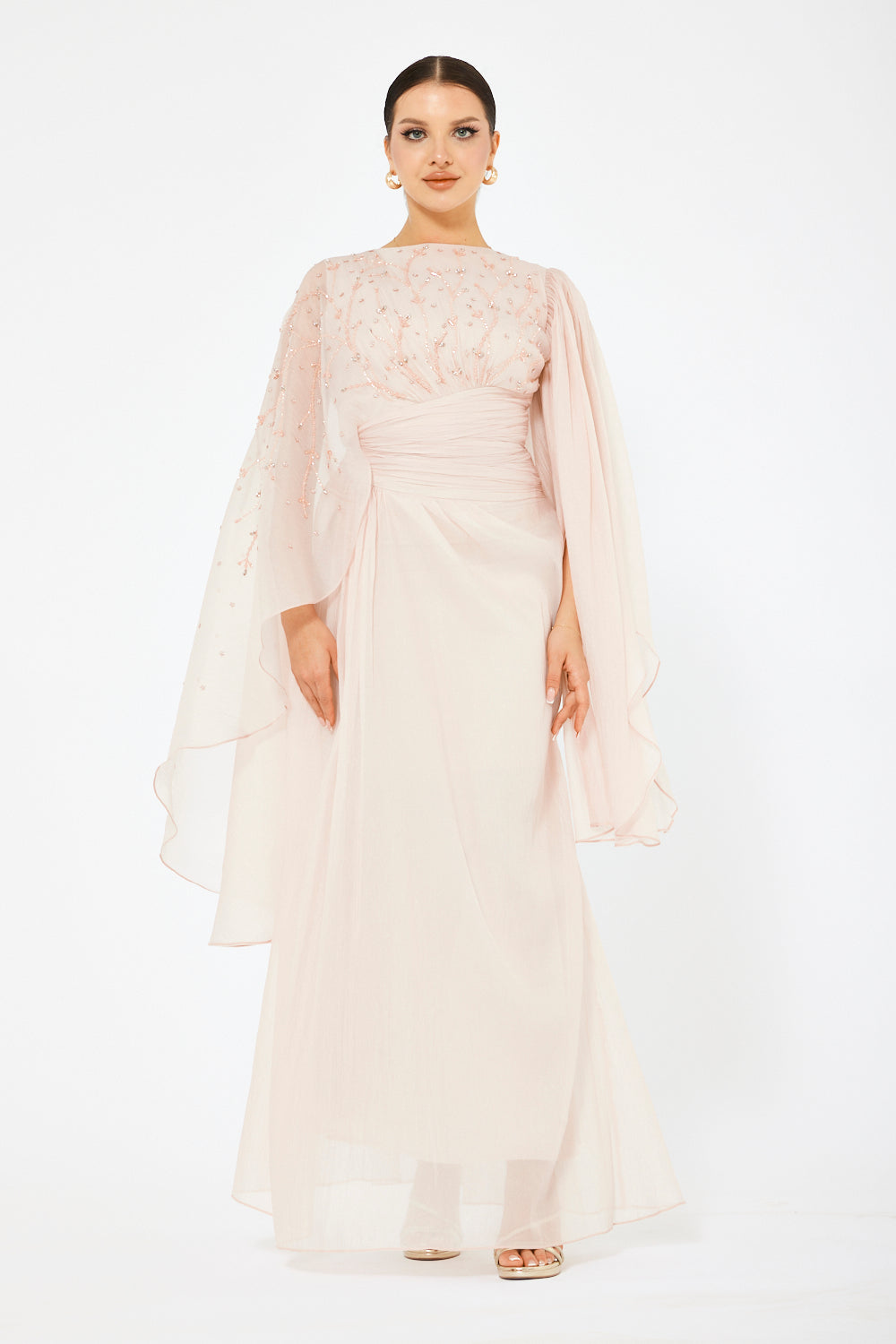 Embellished Sheer Cape Sleeve Maxi Dress
