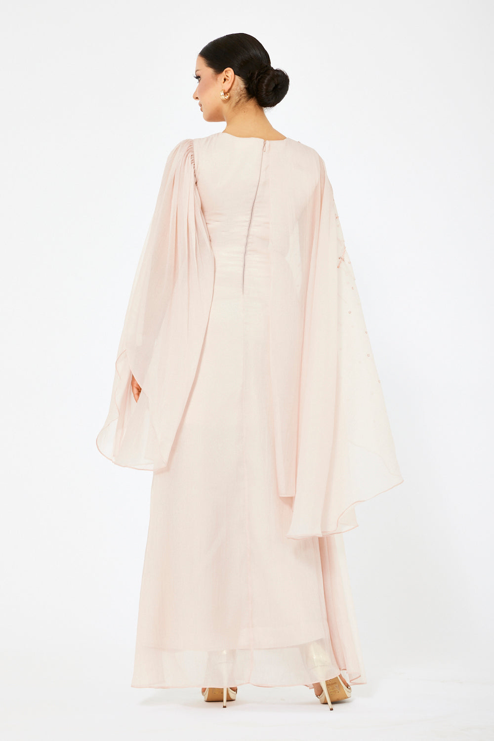 Embellished Sheer Cape Sleeve Maxi Dress