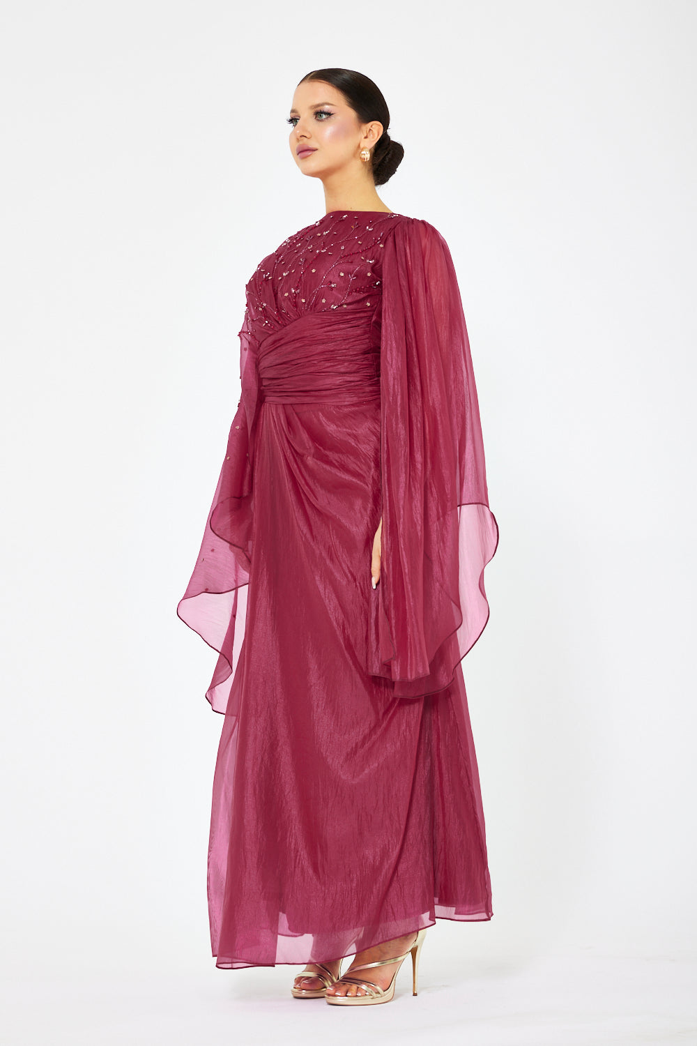 Embellished Sheer Cape Sleeve Maxi Dress