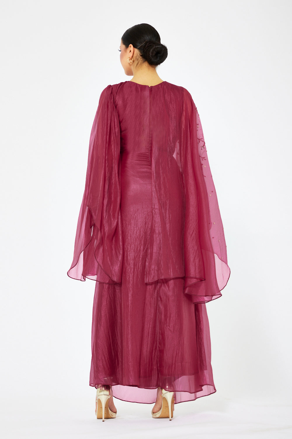 Embellished Sheer Cape Sleeve Maxi Dress