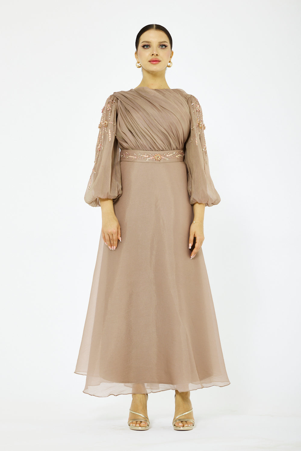 Ruched Bodice Balloon Sleeve Gown