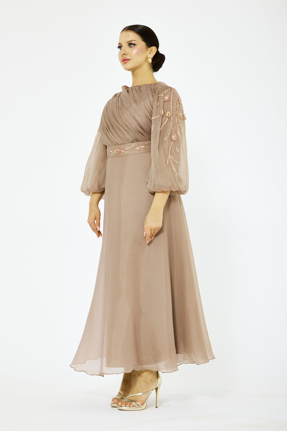 Ruched Bodice Balloon Sleeve Gown