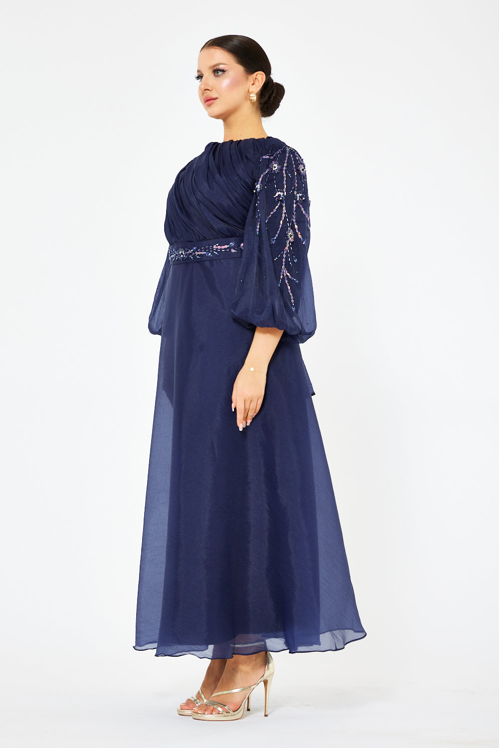 Ruched Bodice Balloon Sleeve Gown