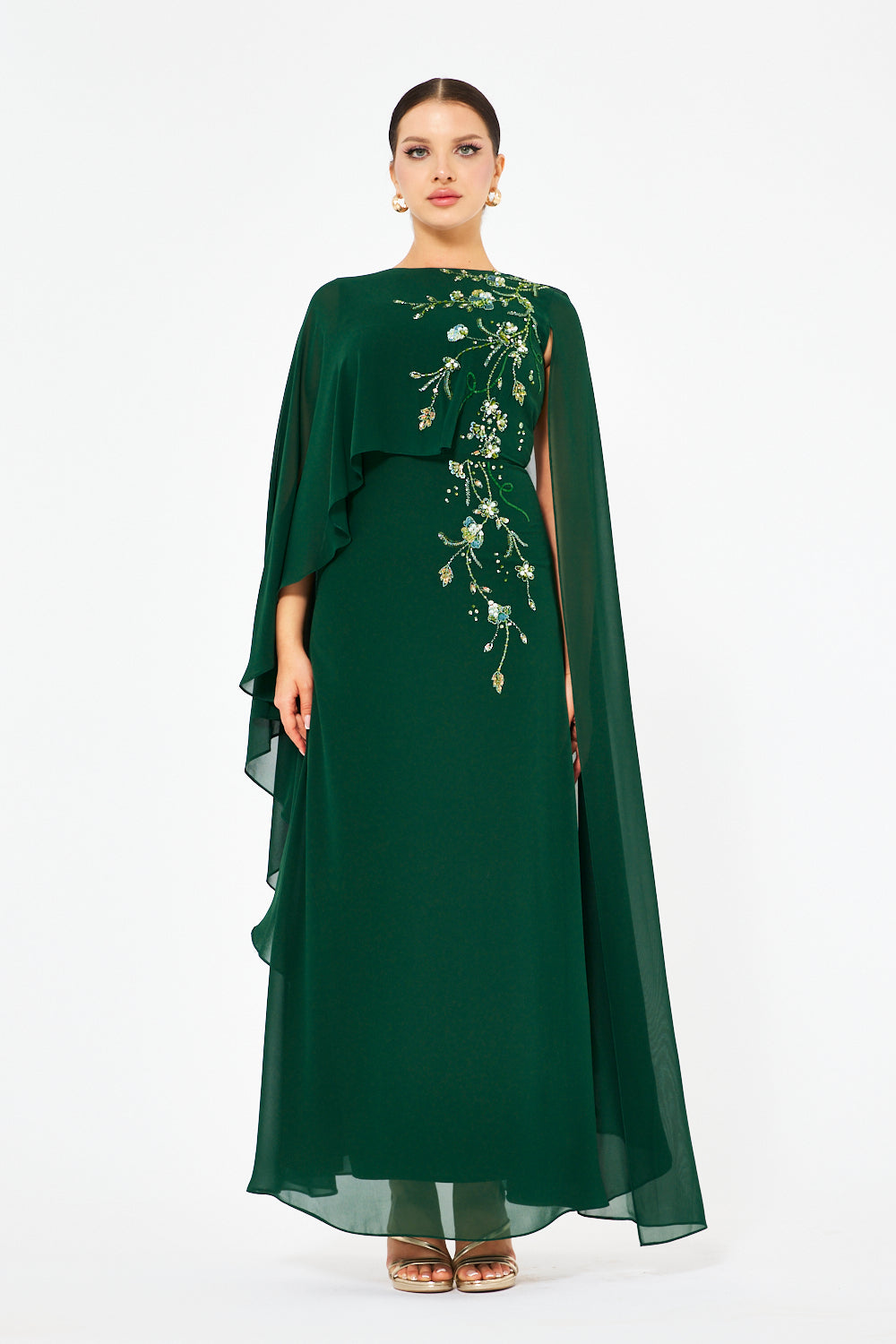 Embellished One-Shoulder Cape Gown