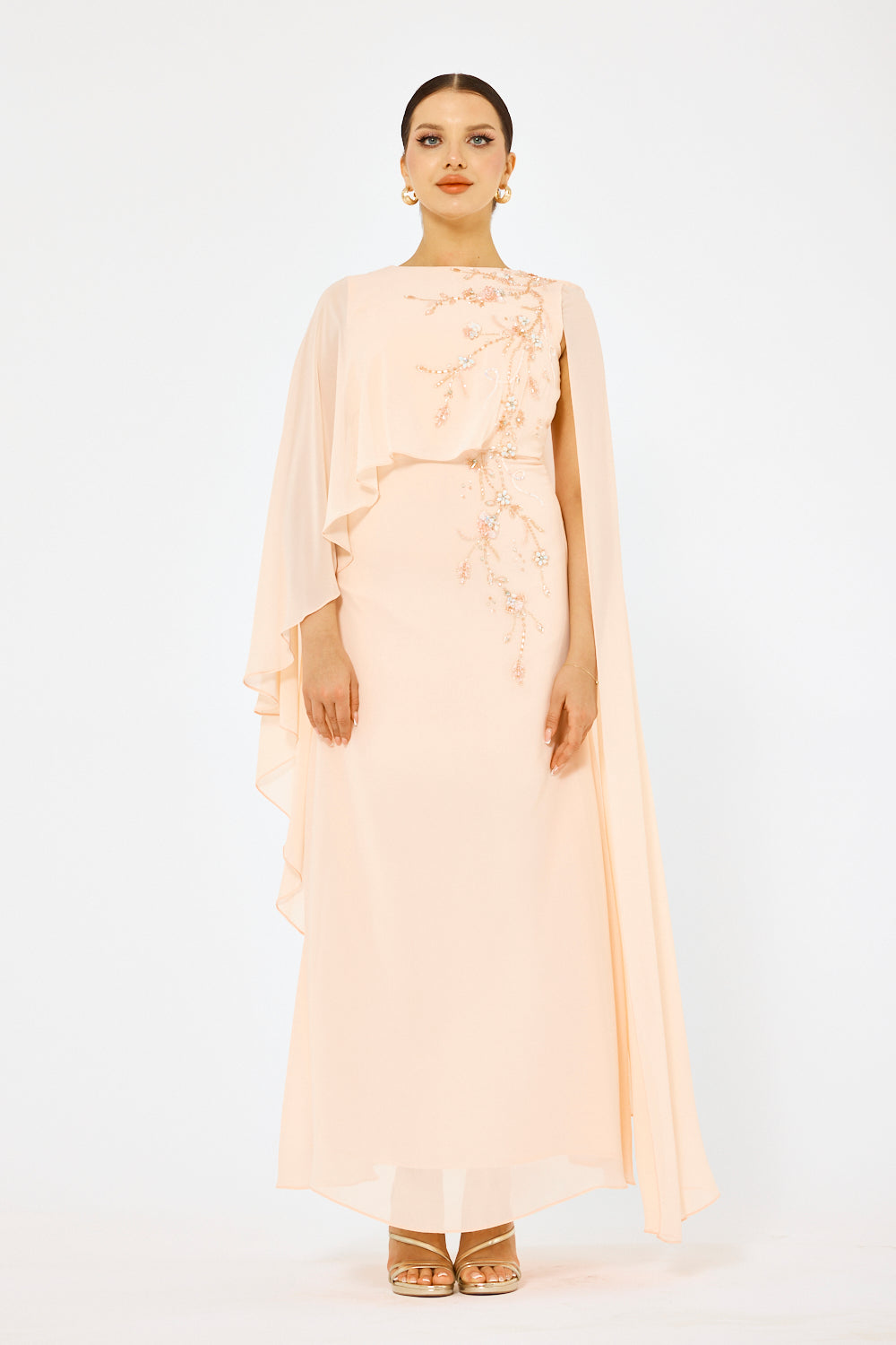 Embellished One-Shoulder Cape Gown