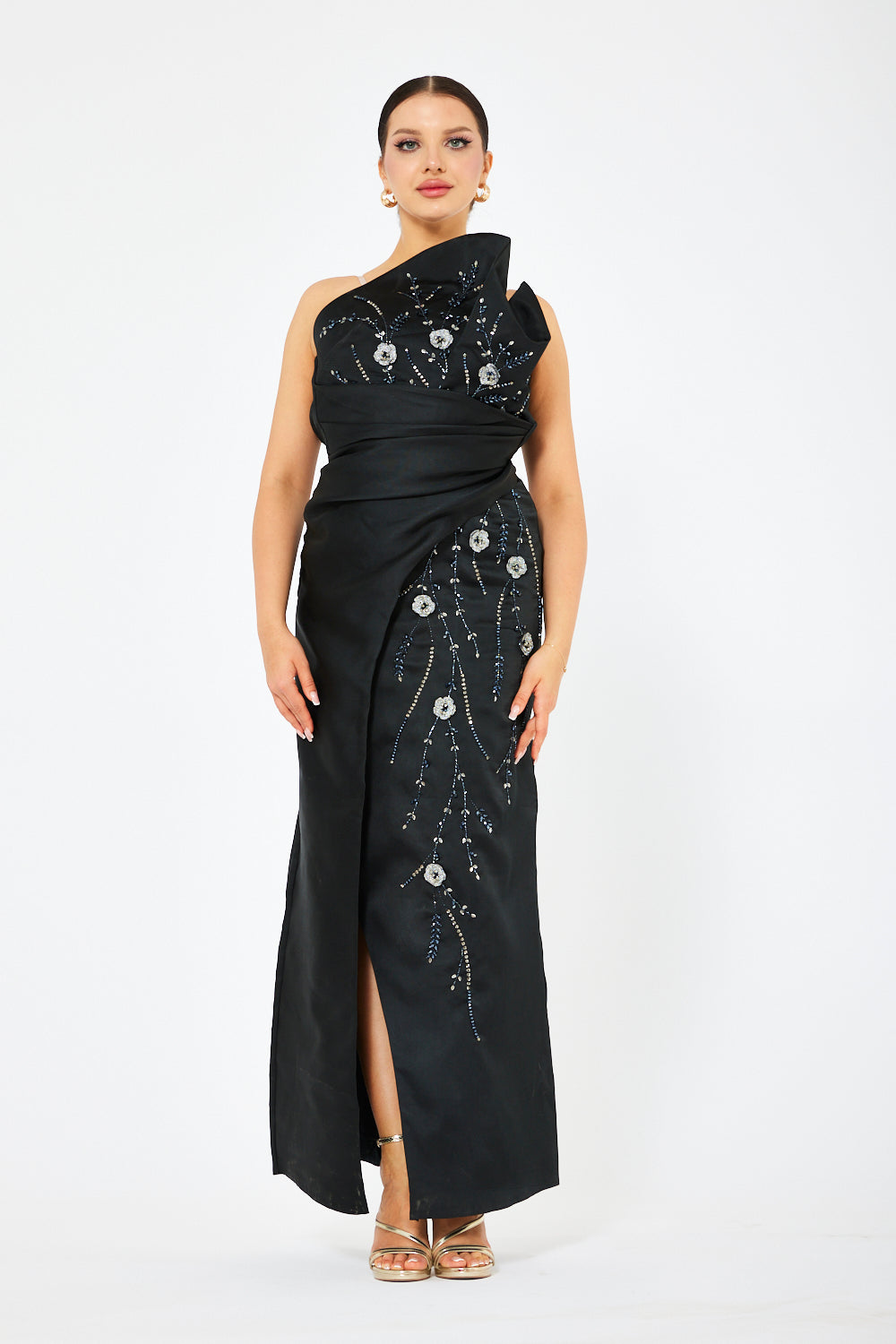 Sculpted One-Shoulder Draped Gown with Floral Crystal Embroidery