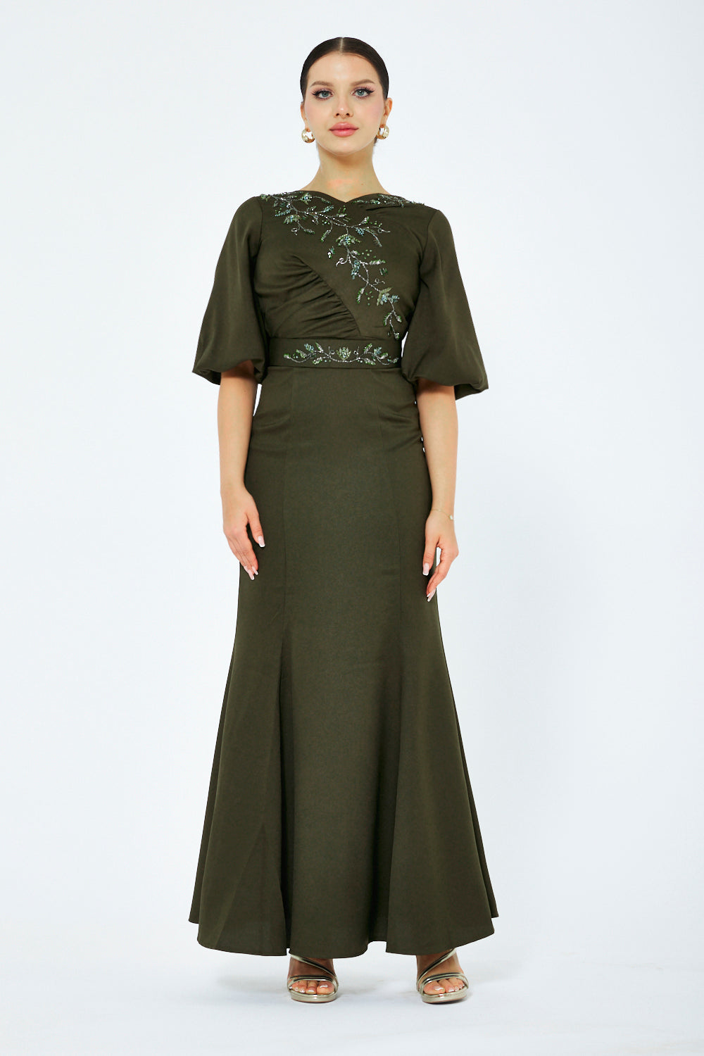 Vine Embroidered Drape Gown