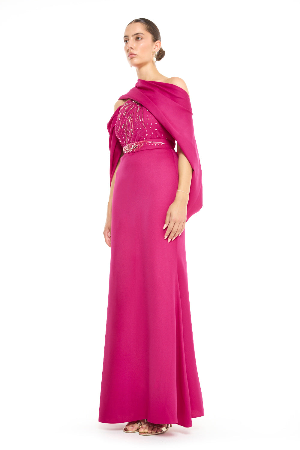 One-Shoulder Draped Gown with Beaded Bodice