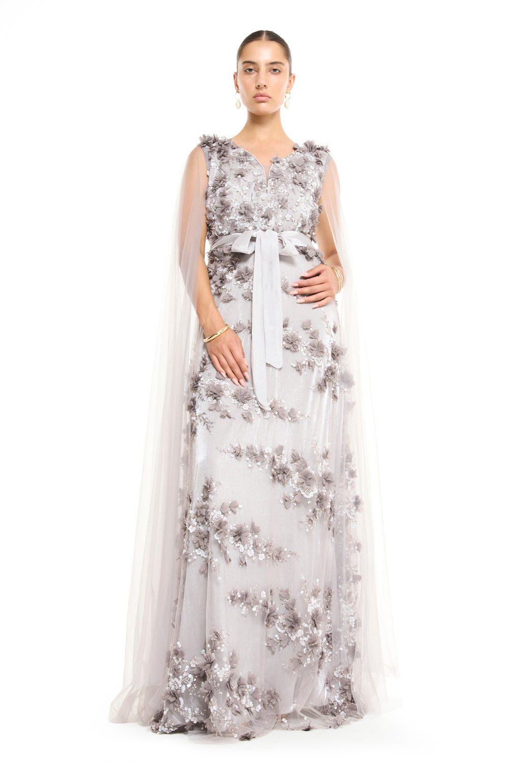V-Neck Floral Appliqué Gown with Cape Sleeve