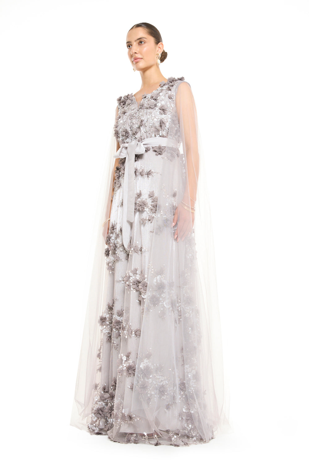 V-Neck Floral Appliqué Gown with Cape Sleeve