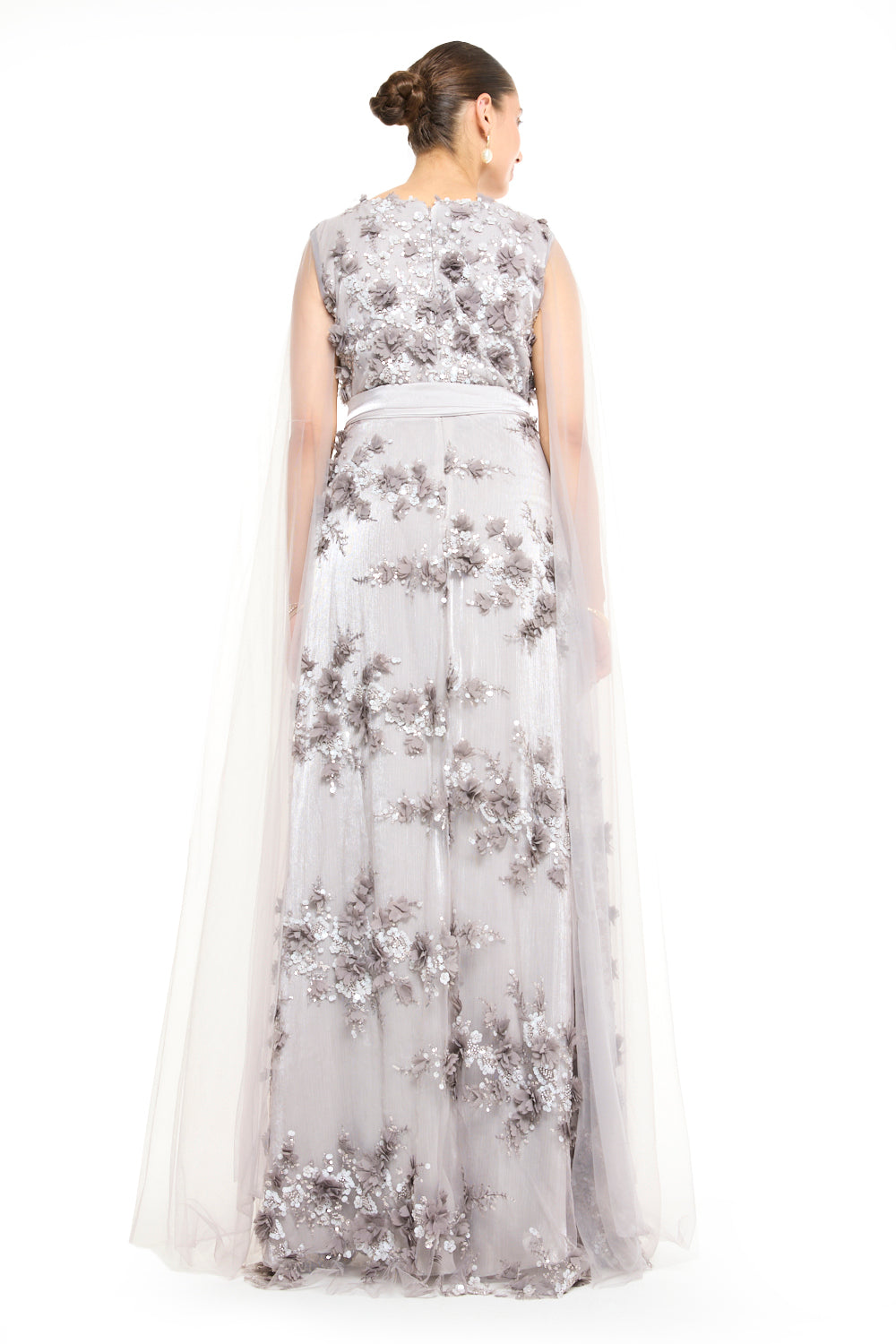 V-Neck Floral Appliqué Gown with Cape Sleeve