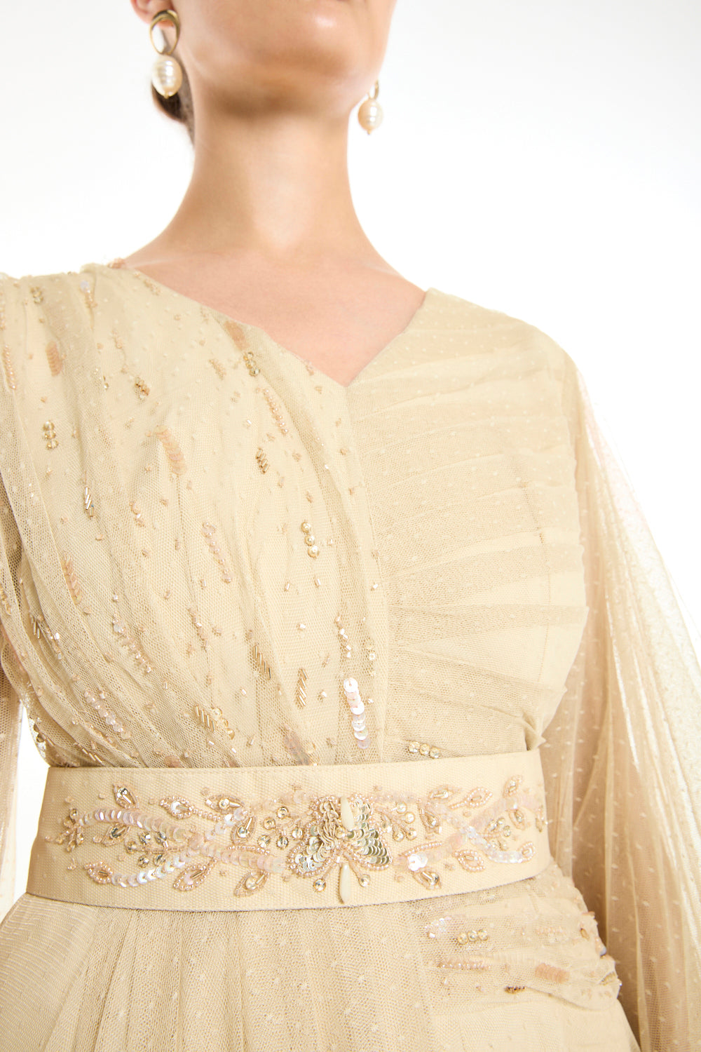 V-Neck Balloon Sleeve Gown with Beaded Waistband