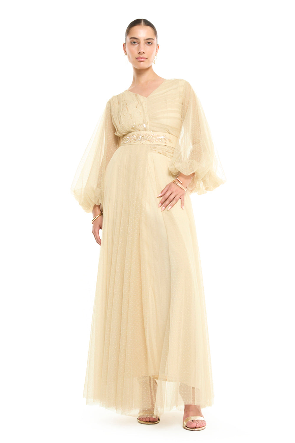 V-Neck Balloon Sleeve Gown with Beaded Waistband