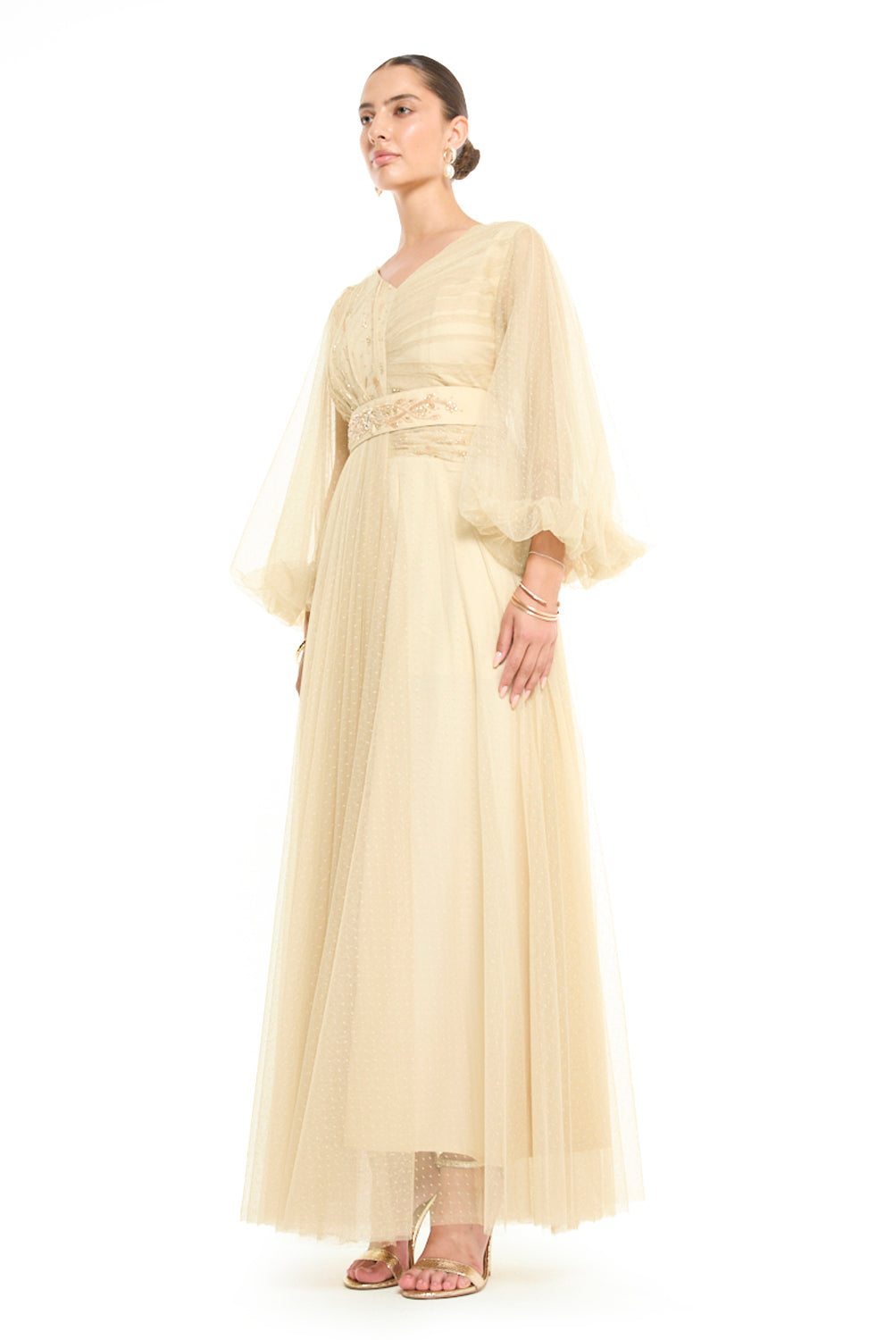 V-Neck Balloon Sleeve Gown with Beaded Waistband
