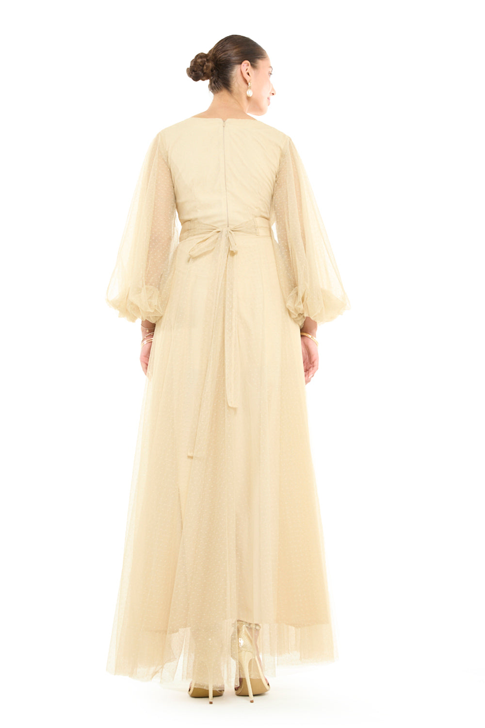 V-Neck Balloon Sleeve Gown with Beaded Waistband