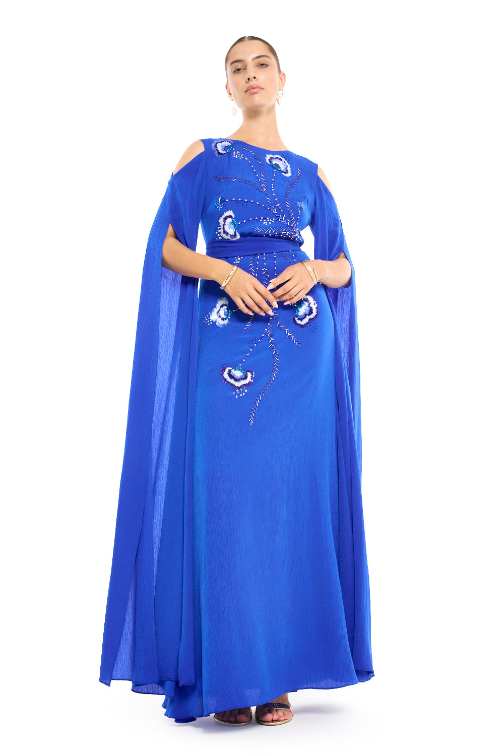 Boat Neck Cape Sleeve Gown with Beaded Floral Motif
