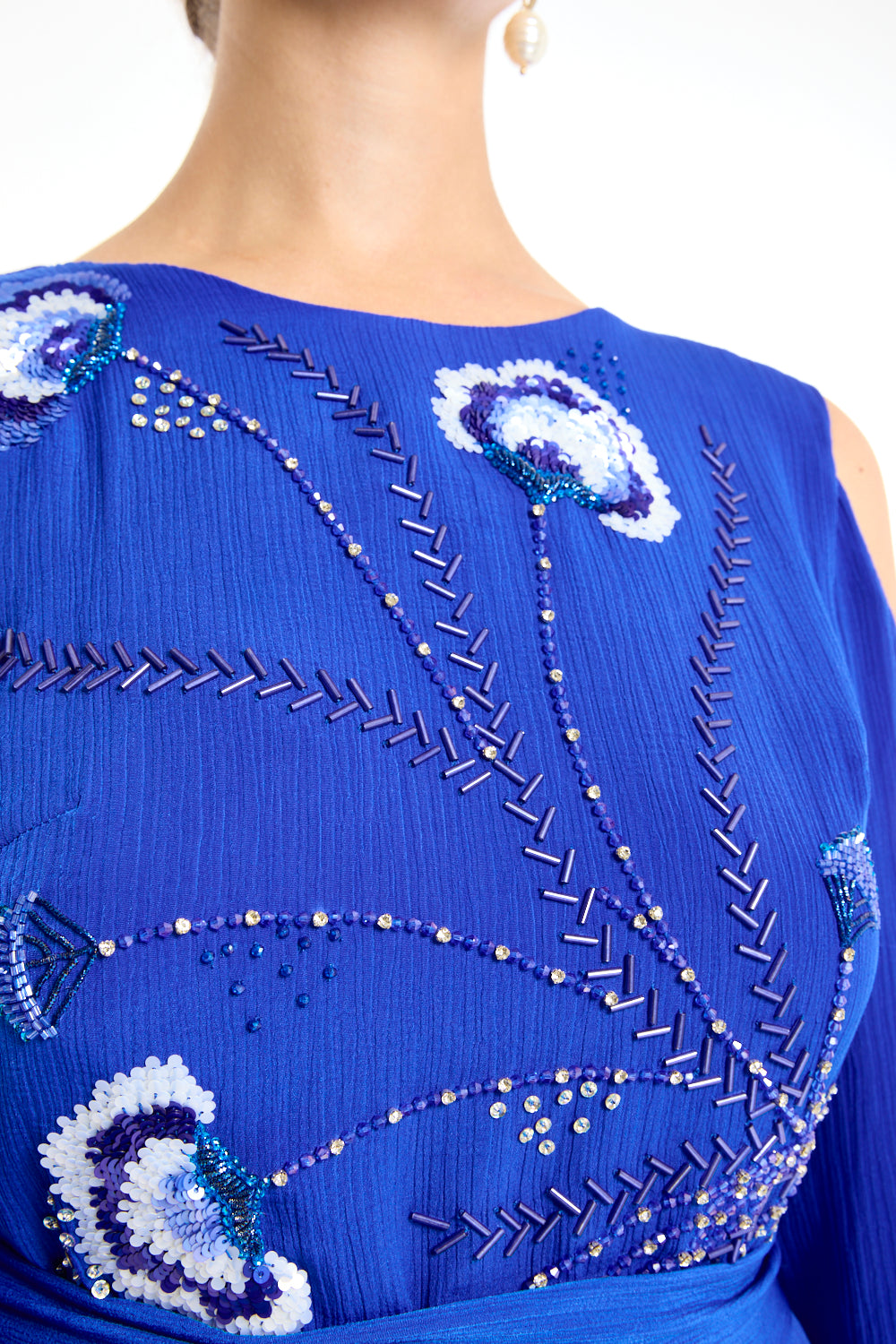 Boat Neck Cape Sleeve Gown with Beaded Floral Motif