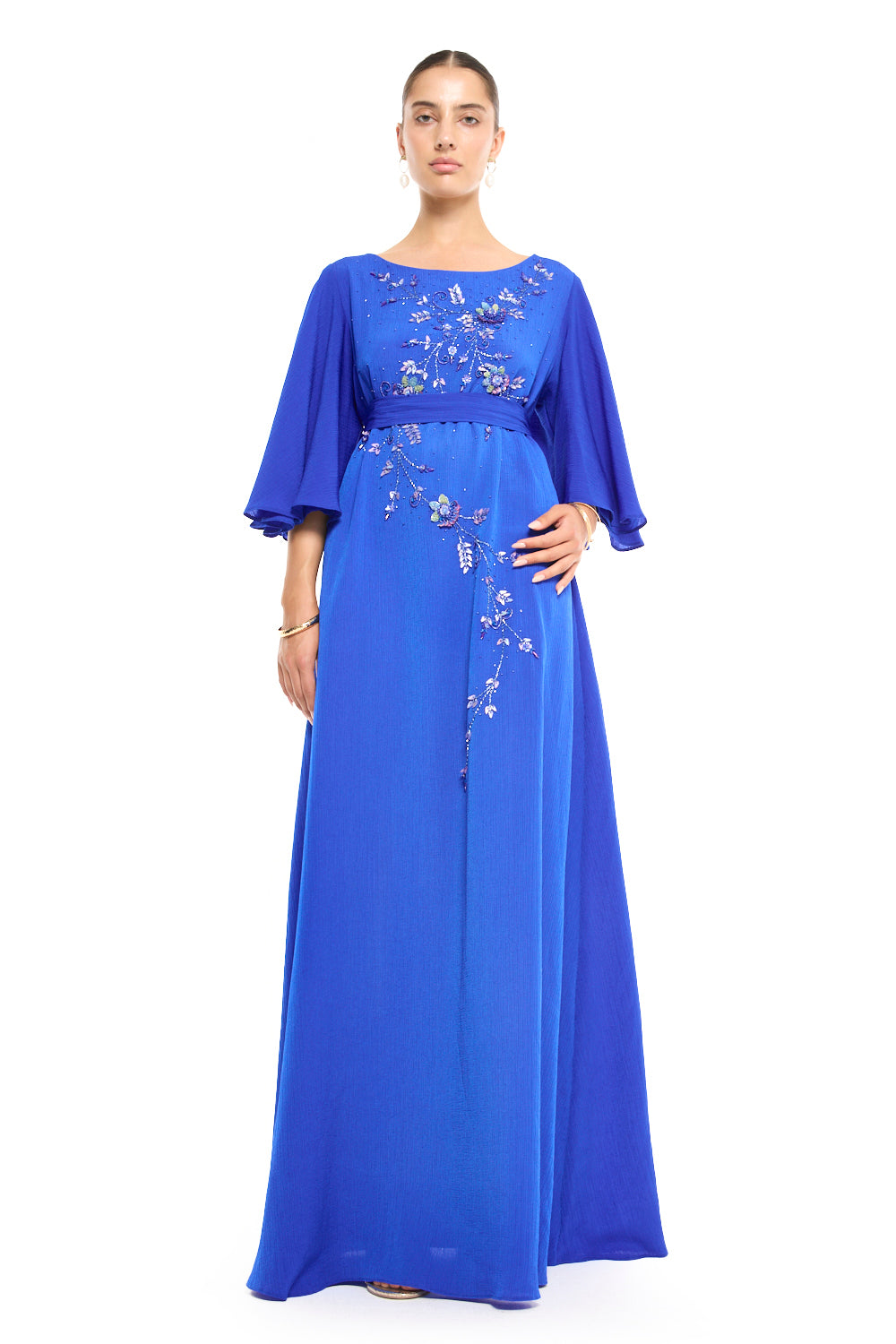 Boat Neck Flutter Sleeve Gown with Beaded Floral Vine