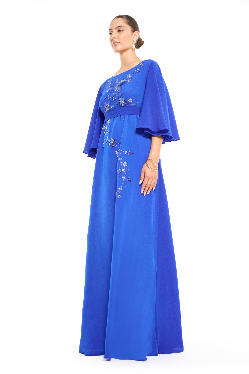 Boat Neck Flutter Sleeve Gown with Beaded Floral Vine