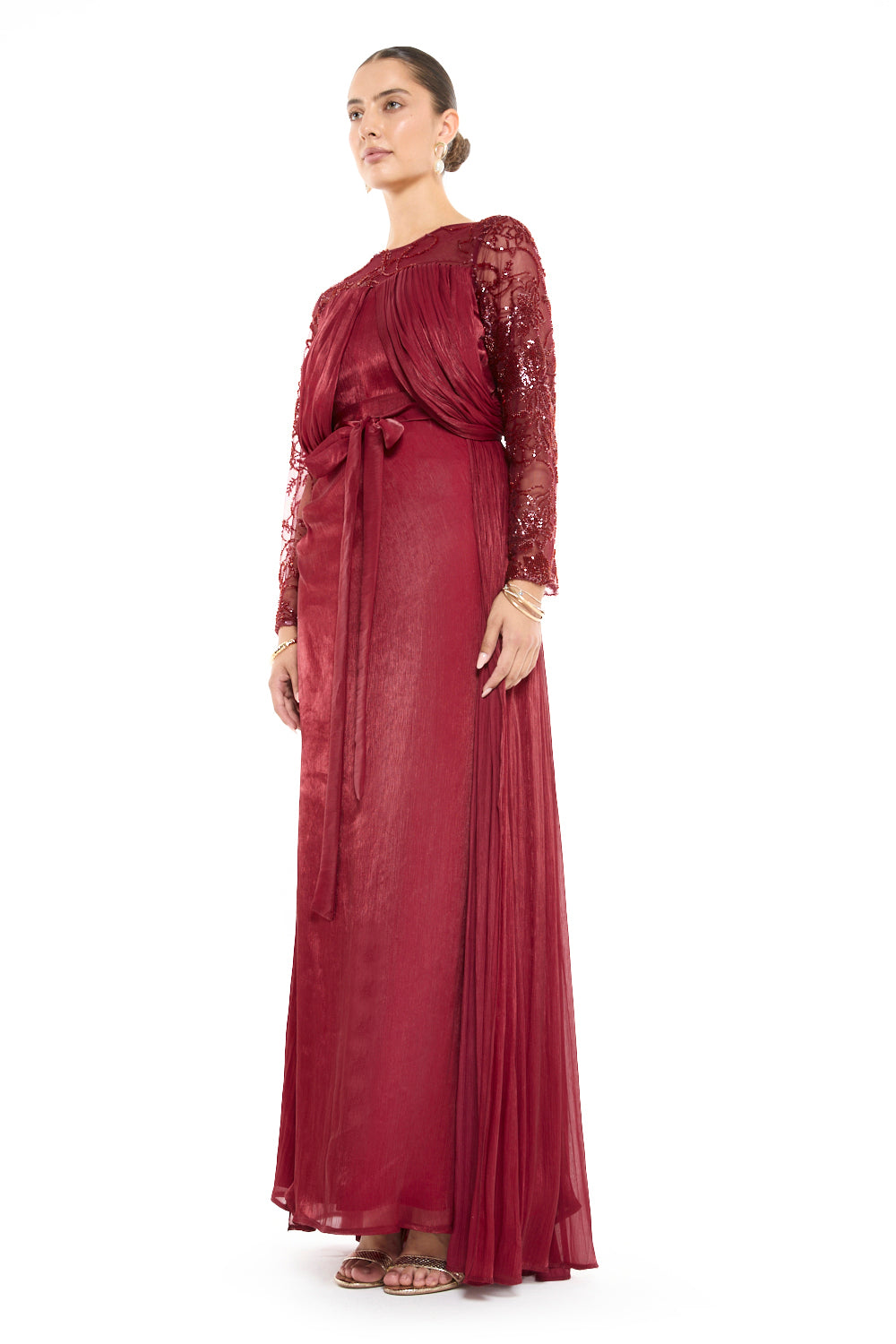Sheer Lace Yoke Gown with Draped Bodice
