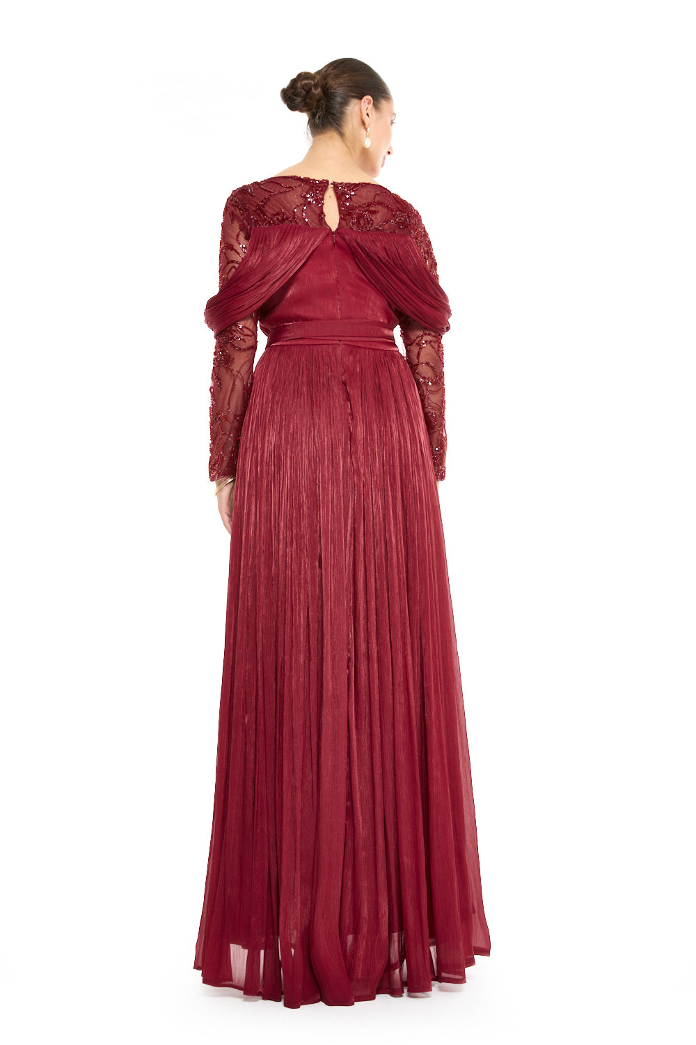 Sheer Lace Yoke Gown with Draped Bodice